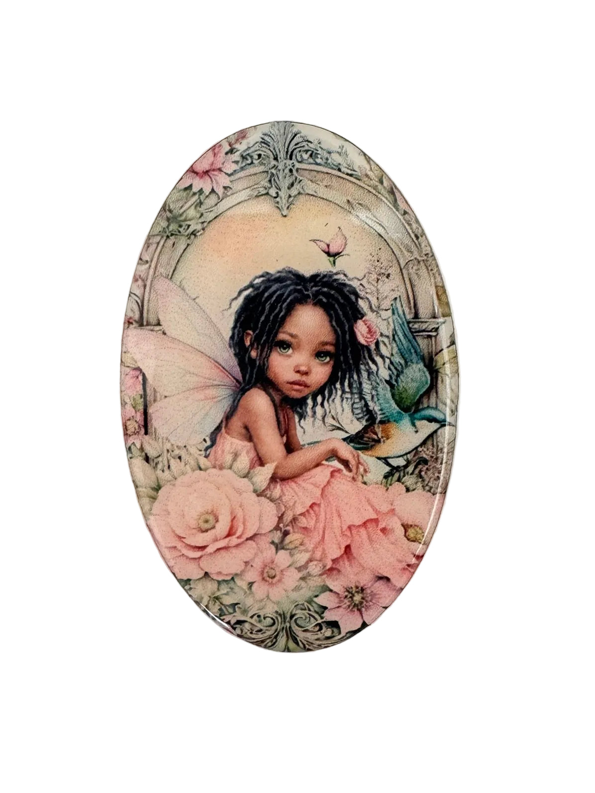 Garden fairy oval cabochon with vibrant resin finish for bead embroidery